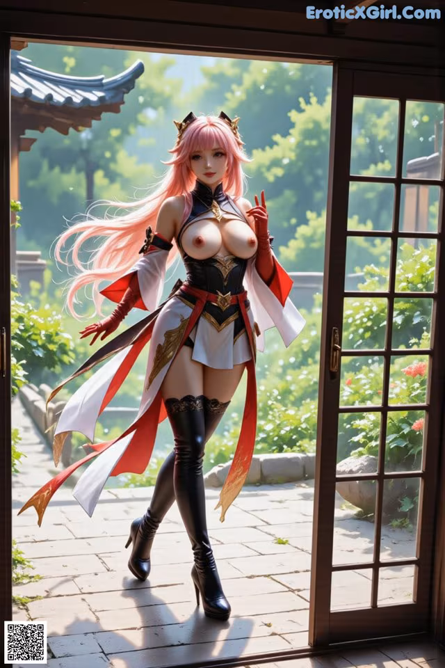 A woman in a detailed, fantasy-inspired outfit stands by an open door, surrounded by lush greenery.