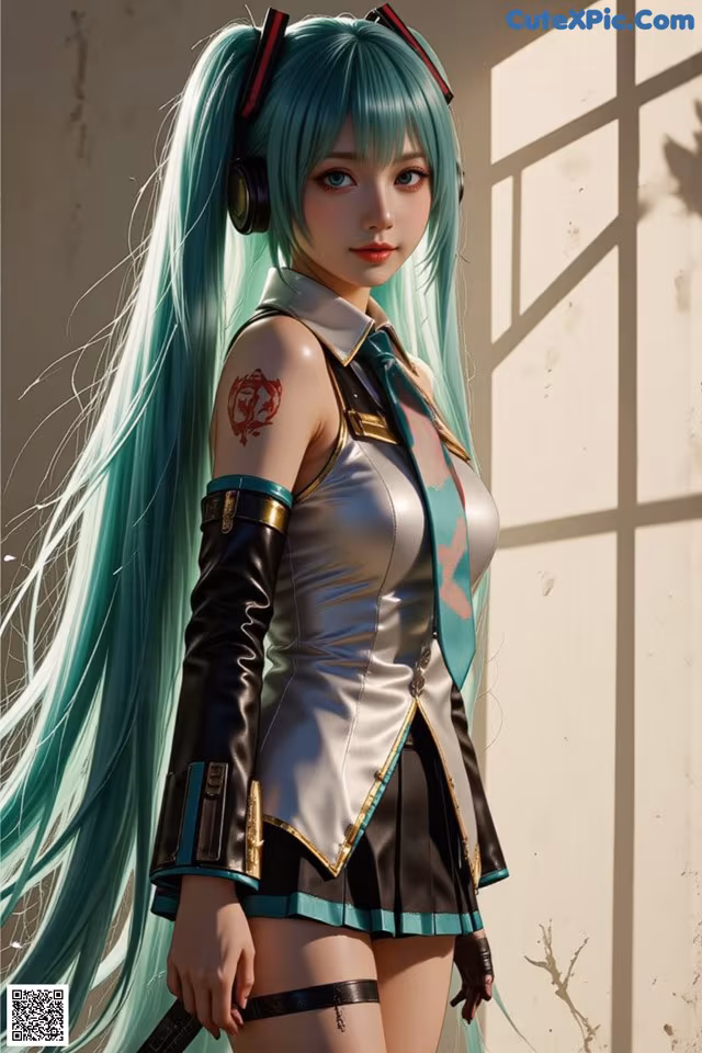 A woman with long green hair wearing a black and white outfit.