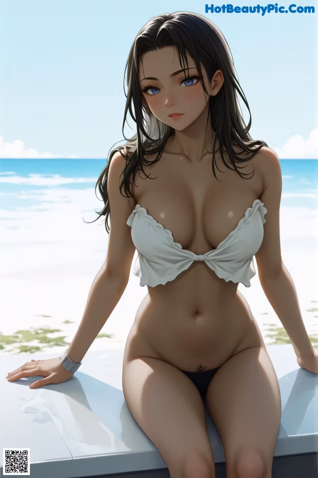A woman in a white bikini sitting on a boat.