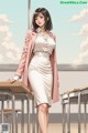 A woman in a white dress and pink coat standing in front of a classroom.