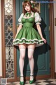 a woman in a green dress and white stockings posing for a picture