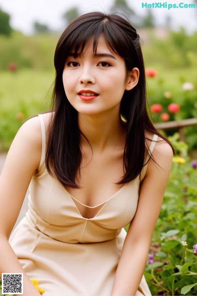 A woman in a beige dress sitting in a field of flowers.